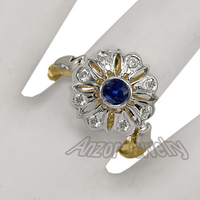 14k Solid Two-Tone Gold Diamond and Sapphire Engagement Ring 585