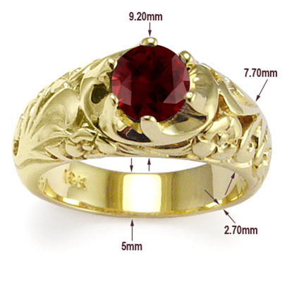 Men's 18k Yellow Gold & 1.45ct Natural Garnet Hand Engraved ROCOCO design Ring 