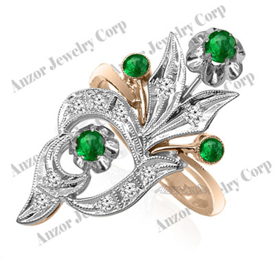 14k Solid Rose & White Gold Genuine Diamond and Emerald Russian style Ring #R2166