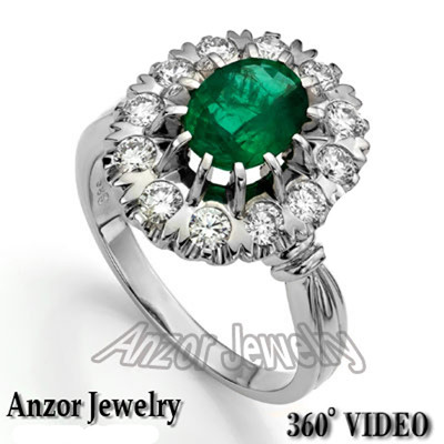 14k Solid White Gold Genuine Emerald & Diamond Ring