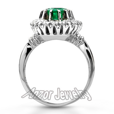 14k Solid White Gold Genuine Emerald & Diamond Ring