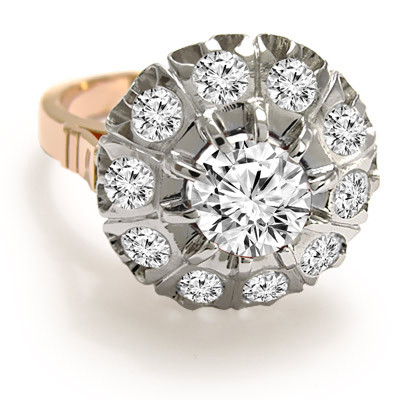 14k Solid Rose and White Gold Genuine Diamond Russian style Malinka Ring. 