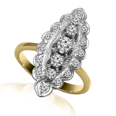 14K Solid Yellow and White Gold Genuine Diamond .92 ct.<br>Russian style marquise shape ring.