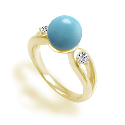 Genuine Turquoise Split Shank Ring with Diamonds in 14k Yellow Gold
