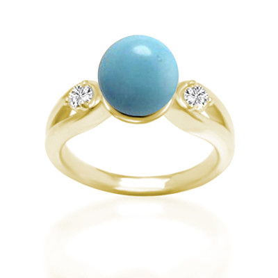 Genuine Turquoise Split Shank Ring with Diamonds in 14k Yellow Gold