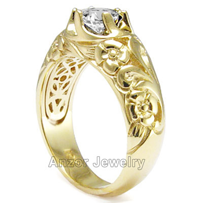 Men's 18k Yellow Gold Genuine Lab Grown Diamond  Hand Engraved ROCOCO design Ring  <br>  ANZOR'S EXCLUSIVE "Patent Pending"