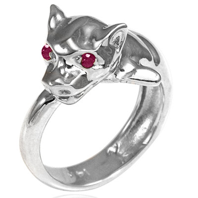 14k Solid White Gold with Genuine Burma Ruby Cat Head Ring