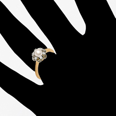 14K Solid Rose and White Gold Genuine Pearl and Diamond Ring