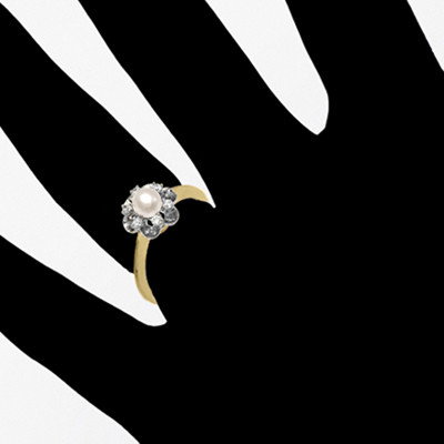 14K Solid Yellow and White Gold Genuine Pearl and Diamond Ring