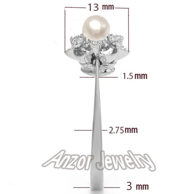 14K Solid White Gold Genuine Pearl and Diamond Ring