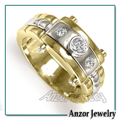 Men's 14k Solid Two-Tone Gold Burnish Set Diamond Ring