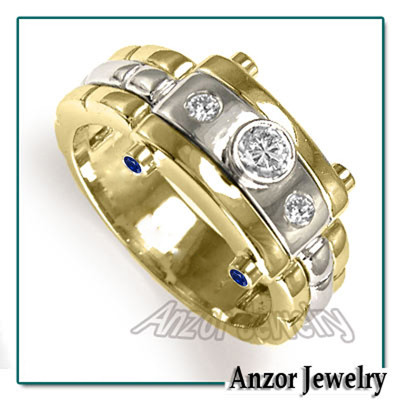 Men's 14k Solid Two-Tone Gold Burnish Set Diamond and Sapphire Ring