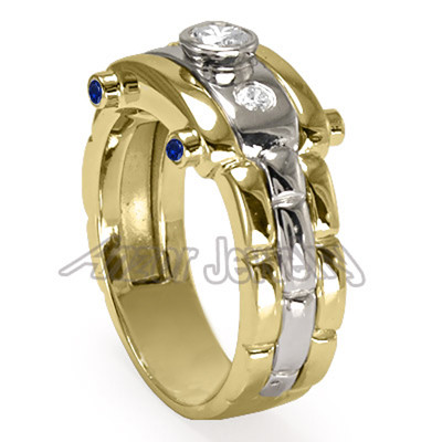 Men's 14k Solid Two-Tone Gold Burnish Set Diamond and Sapphire Ring