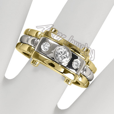 Men's 14k Solid Two-Tone Gold Burnish Set Diamond and Sapphire Ring