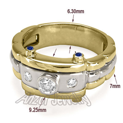 Men's 14k Solid Two-Tone Gold Burnish Set Diamond and Sapphire Ring