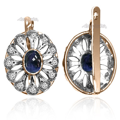 14k Solid Rose and White Gold Genuine Diamond and Cabochon Sapphire Russian Style Earrings #E1402