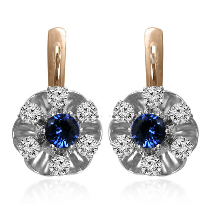 Russian Jewelry Genuine Sapphire & Diamond Earrings 14k Solid Two-Tone Gold (Rose-White)