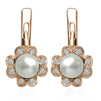 14k Solid Rose Gold Genuine Diamond and Pearl Russian Style Earrings