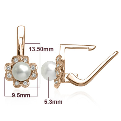 14k Solid Rose Gold Genuine Diamond and Pearl Russian Style Earrings