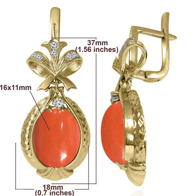 14k Solid Yellow Gold Genuine Diamond & Coral Russian Style Earrings #E1433