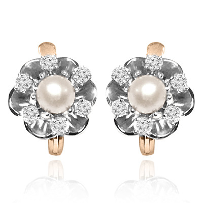 14k Solid Rose and White Gold Russian style Diamond Pearl Earrings #.E1443