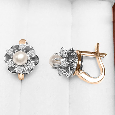 14k Solid Rose and White Gold Russian style Diamond Pearl Earrings #.E1443