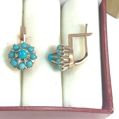 14k Rose and White Gold  Turquoise Russian Style malinka Earrings #E1451