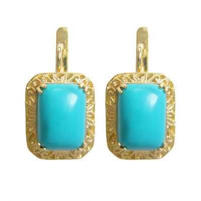 14k Yellow Gold Genuine Turquoise Russian Style Earrings #E1452