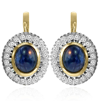 14k Solid Yellow and White Gold Genuine Sapphire and Diamond Russian Style  Earrings #E1454