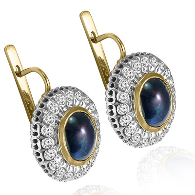 14k Solid Yellow and White Gold Genuine Sapphire and Diamond Russian Style  Earrings #E1454