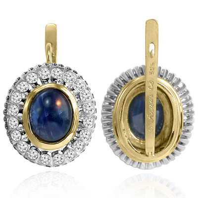 14k Solid Yellow and White Gold Genuine Sapphire and Diamond Russian Style  Earrings #E1454
