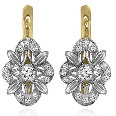 14k Solid Yellow and White Gold Genuine Diamond Russian Style Earrings