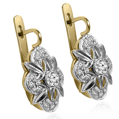 14k Solid Yellow and White Gold Genuine Diamond Russian Style Earrings
