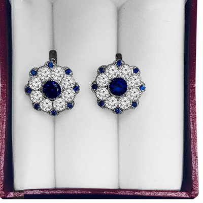 14k Solid White Gold Russian Jewelry Genuine Sapphire & Diamond flower Earrings