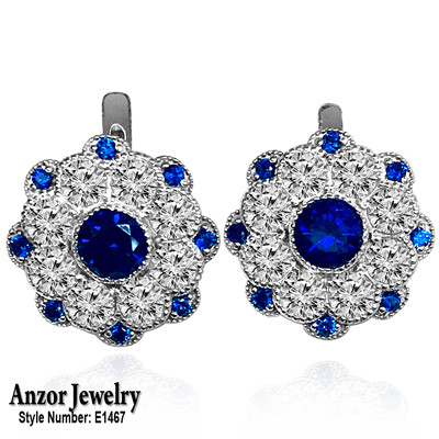 14k Solid White Gold Russian Style Lab Created Sapphire & Diamond Earrings