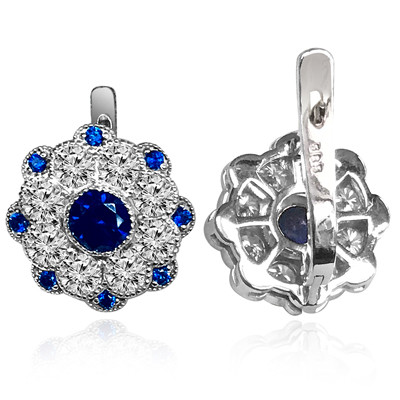 14k Solid White Gold Russian Style Lab Created Sapphire & Diamond Earrings