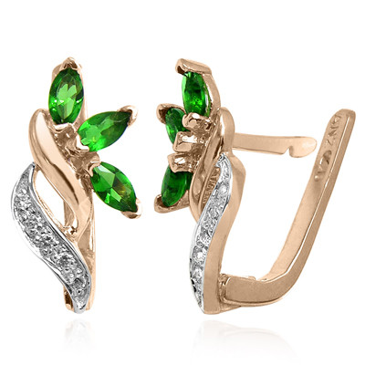 14k Solid Rose and White Genuine Lab Created Emerald and Diamond Russian Style Earrings