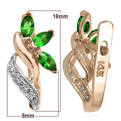 14k Solid Rose and White Genuine Lab Created Emerald and Diamond Russian Style Earrings
