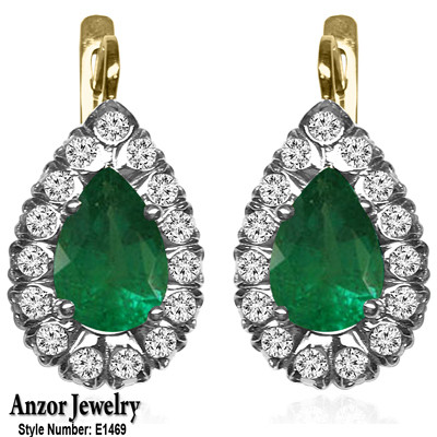 14k Solid Yellow and White Genuine Emerald and Diamond Russian Style Earrings