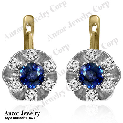 14k Solid Yellow and White Gold Genuine Sapphire and Diamond Russian Style Flower Earrings