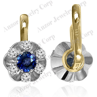 14k Solid Yellow and White Gold Genuine Sapphire and Diamond Russian Style Flower Earrings