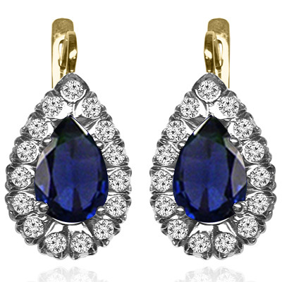 14k Solid Yellow and White Gold Lab Created Sapphire and genuine Diamond Russian Style Earrings Russian Style
