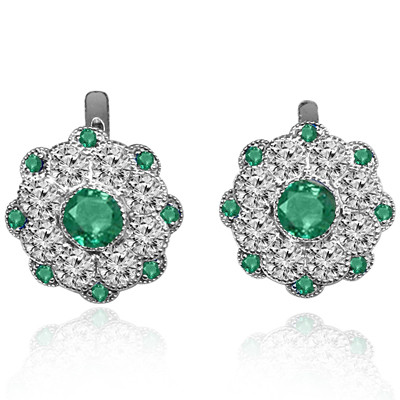 14k Solid White Gold Russian Jewelry Genuine Emerrald & Diamond Earrings