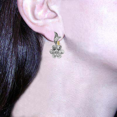 14k Solid Yellow & White Gold Genuine Diamond Earrings Russian Jewelry