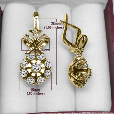 14k Solid Yellow Gold Genuine Diamond Russian Style flower Earrings