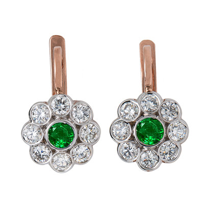 14k Solid Rose and White Gold Genuine Diamond and Emerald Russian Style Earrings