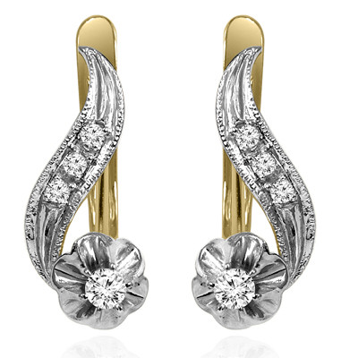 14k Solid Yellow and White Gold Genuine Diamond Russian style Earrings E1493