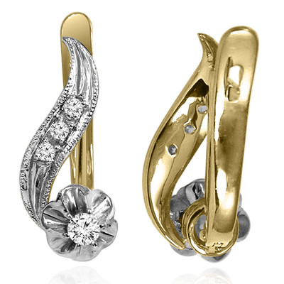 14k Solid Yellow and White Gold Genuine Diamond Russian style Earrings E1493
