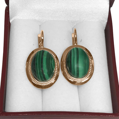 14k Solid Rose Gold Genuine Malachite Russian Style Earrings <BR>Fastened with Handmade English Lock. 14k Solid Rose Gold Genuine Malachite Russian Style Earrings <BR>Fastened with Handmade English Lock.
