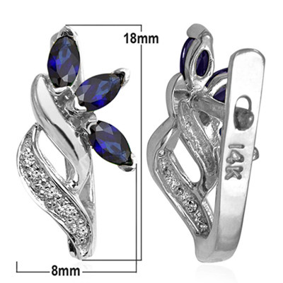 Russian Jewelry Genuine Sapphire & Diamond Earrings 14k Solid White Gold